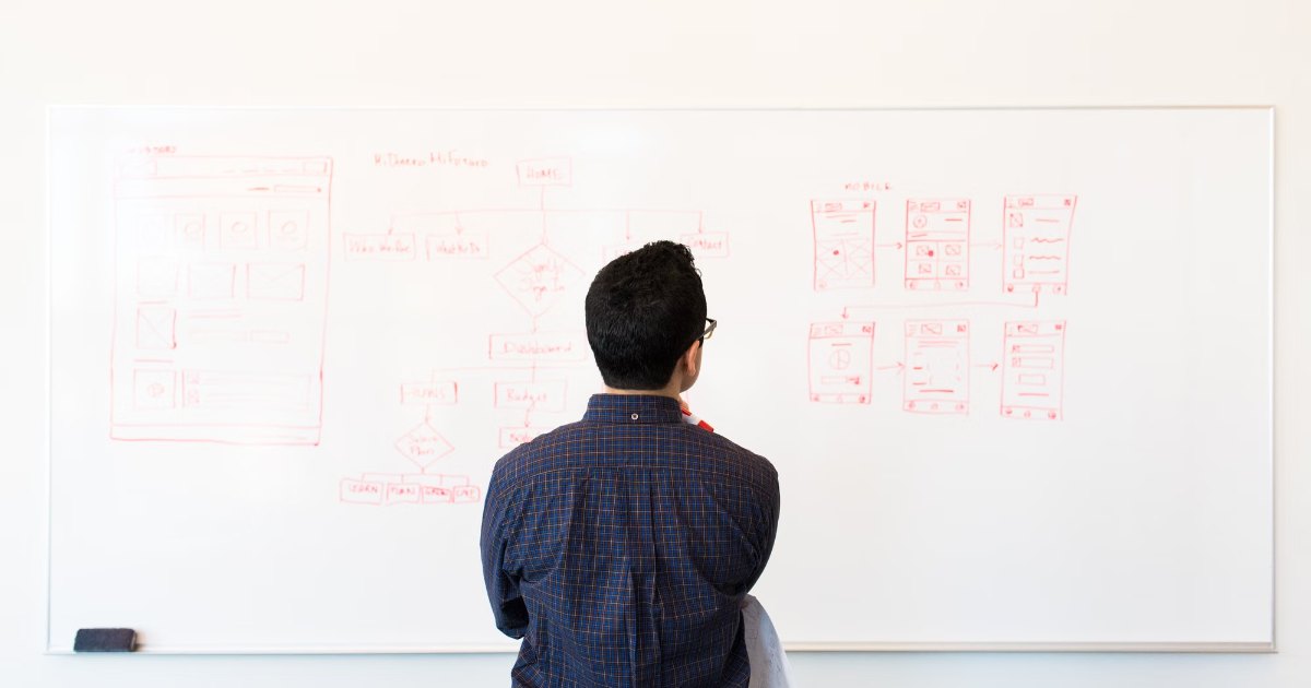 A person standing at a whiteboard covered in product wireframes and user flow diagrams